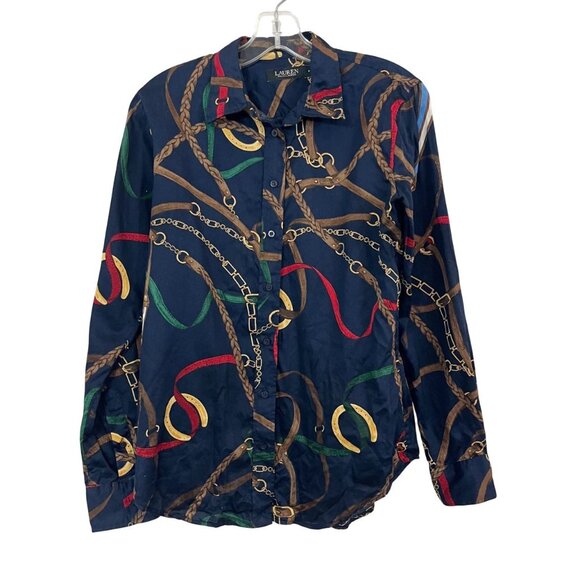 Lauren Ralph Lauren Navy Equestrian Long Sleeve Button Down Shirt Women's Medium - Picture 1 of 6